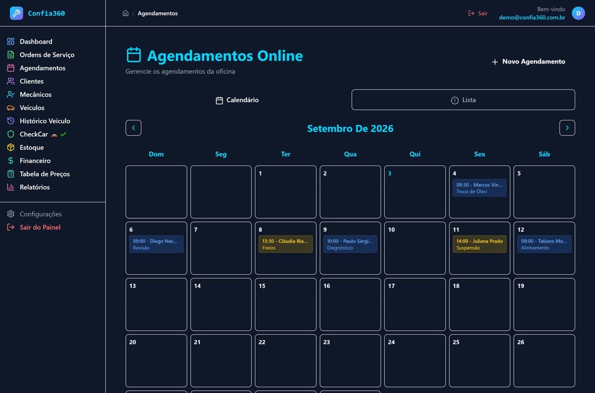 Agenda da oficina em visão de calendário mensal, com os horários agendados por dia.